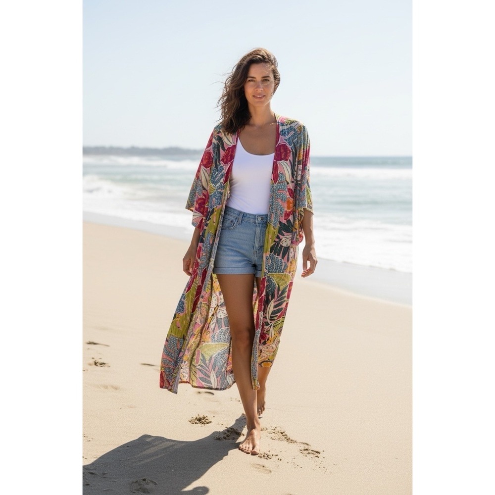 Angie Size‎ Medium Tropical Multi Colored Print Kimono Sleeves Beach Cover Up